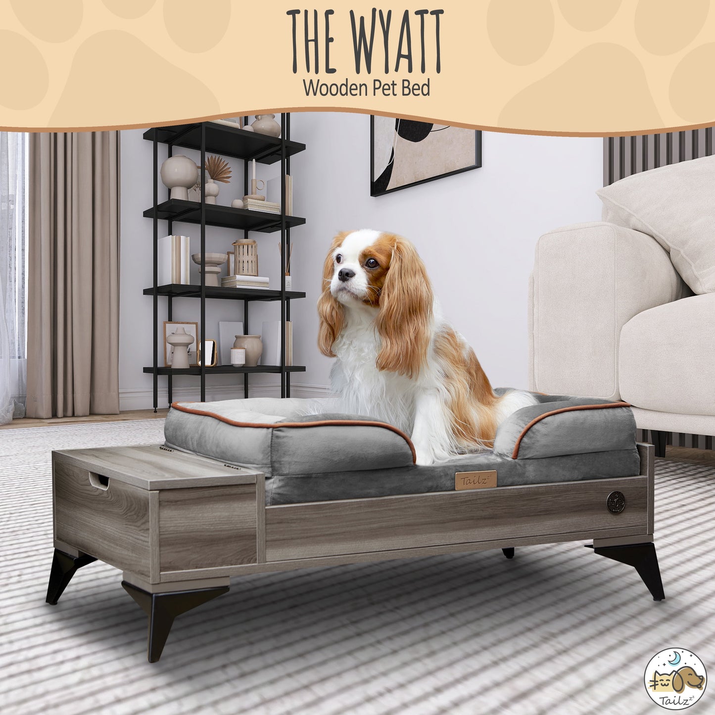 Wyatt Wooden Pet Bed with Mattress | Small to Medium Pet Bed with Mattress | Elevated Pet Bed | Wooden Pet Bed with Storage | Greenguard Gold Certified Wooden Pet Bed