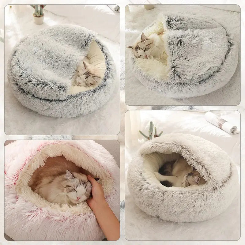 Plush Hooded Pet Bed round Fluffy Soft Cat Bed Pet Cushion Warm Cat Dog 2 in 1 Sleeping Nest Cave for Small Dogs