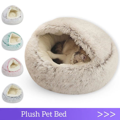 Plush Hooded Pet Bed round Fluffy Soft Cat Bed Pet Cushion Warm Cat Dog 2 in 1 Sleeping Nest Cave for Small Dogs